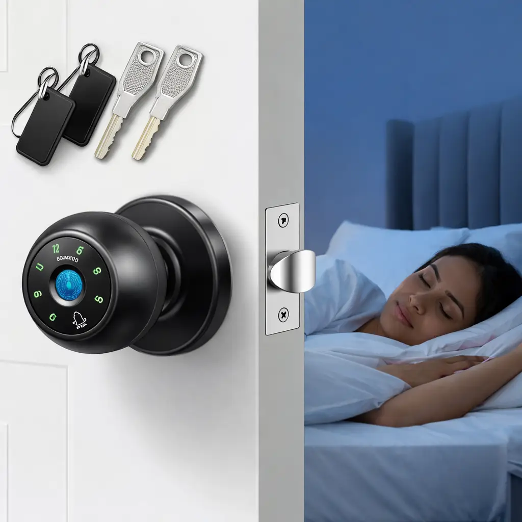 NexGuard Smart Biometric Door Knob with Fingerprint & Doorbell – 4-Way Unlock (Black)